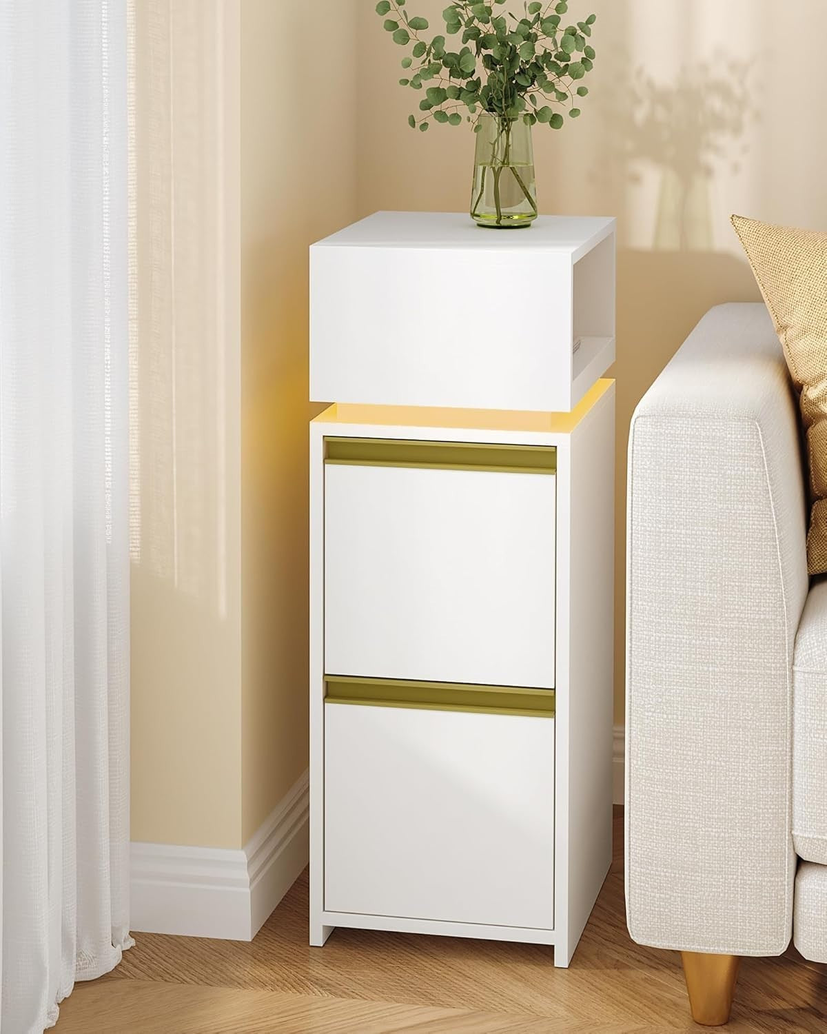 Modern LED Bedside Tables Set of 2 with Drawers & Open Shelf – Slim Nightstands
