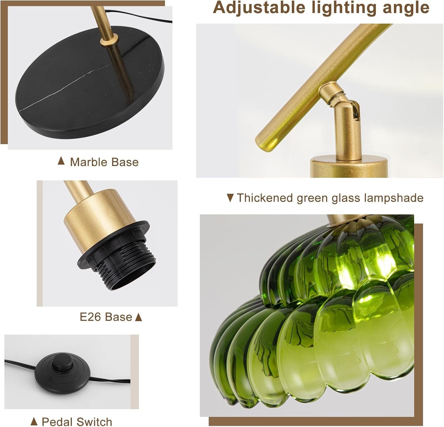 Gold Floor Lamp Dimmable Remote Green Glass Shade LED Tall Standing