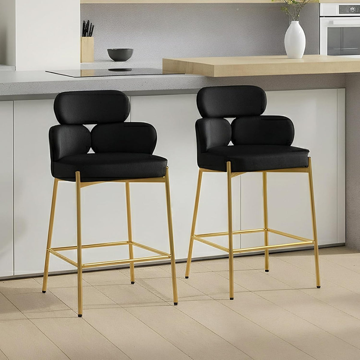 Modern Bar Stools 2pcs black Velvet Counter Kitchen Chairs