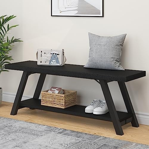 Modern Black Oak Entryway Bench Wood Metal Storage Shoe Rack 47in