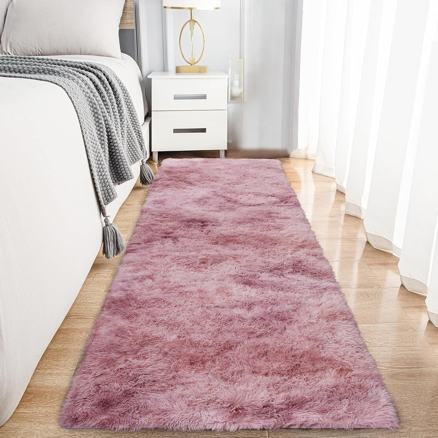 Pink Lilac Runner Rug 80x300cm Fluffy Shaggy Tie Dye Non Slip Thick Pile Carpet
