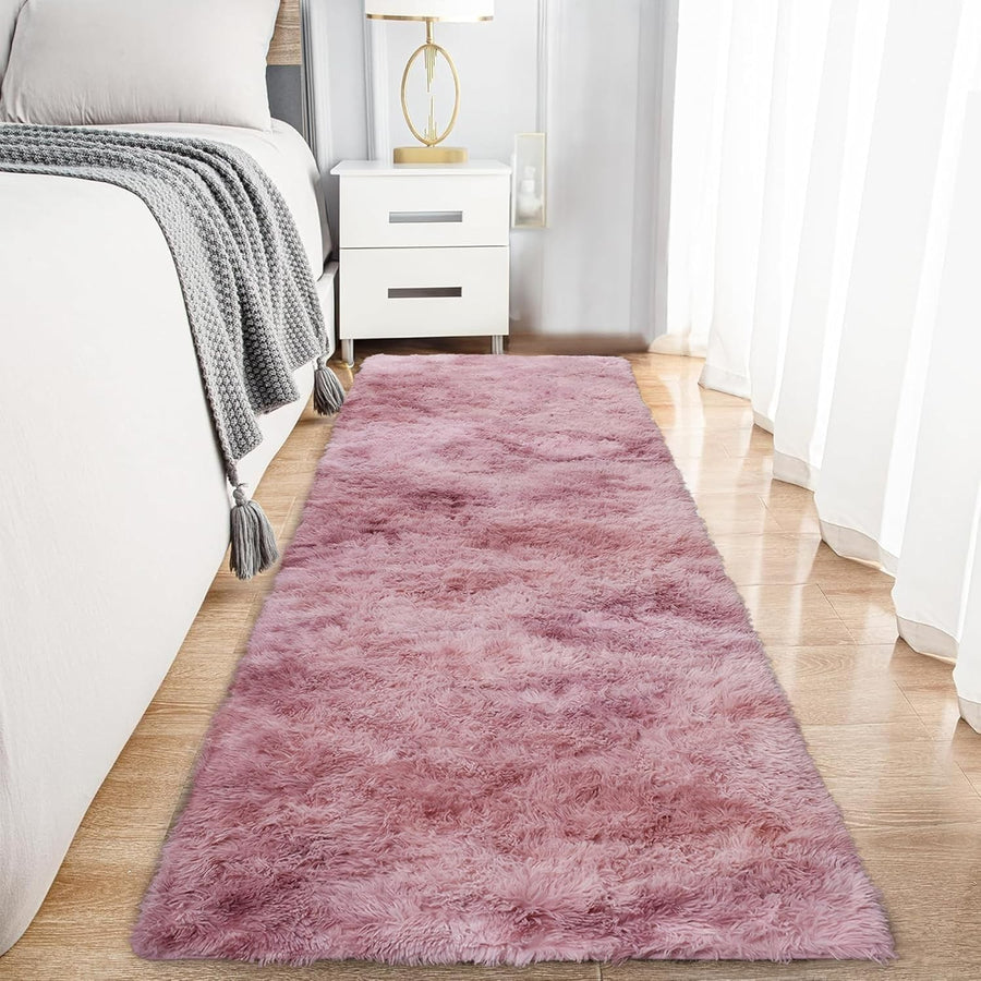 Pink Lilac Runner Rug 80x300cm Fluffy Shaggy Tie Dye Non Slip Thick Pile Carpet
