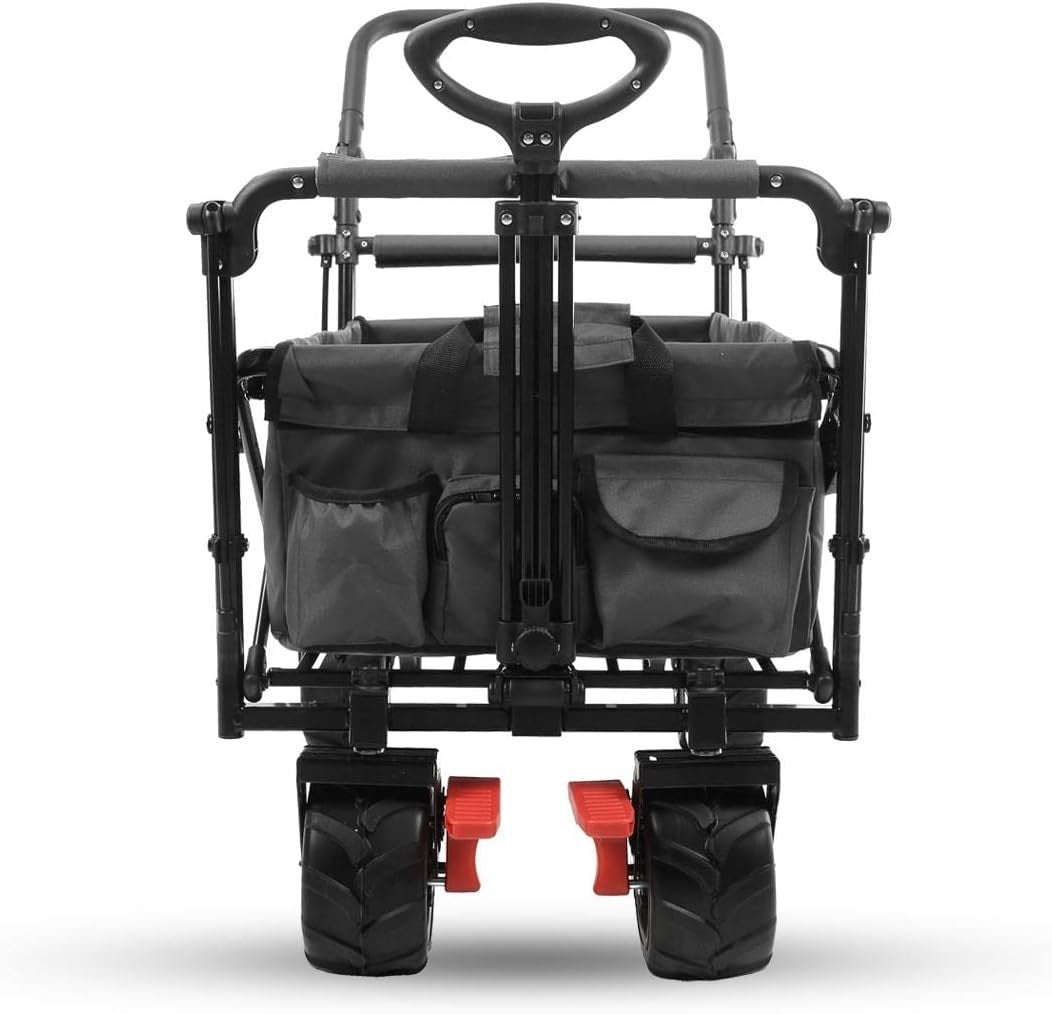 Grey Beach Wagon Foldable Cart w/ Roof Extra-Wide Wheels Push Handle & Brakes