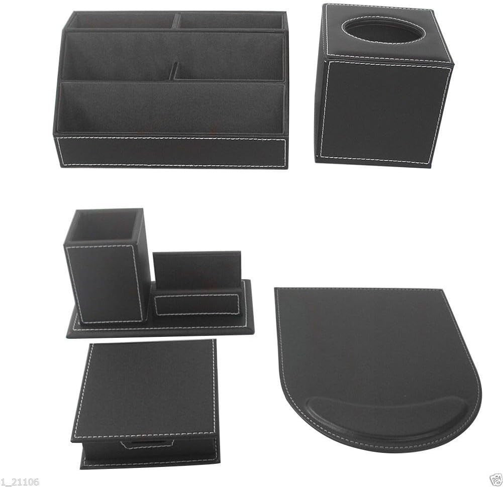 5-Piece Black PU Leather Desk Organizer Set with Mousepad & Pen Holder