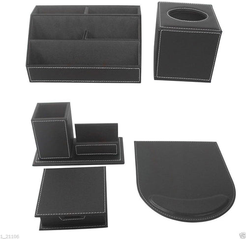 5-Piece Black PU Leather Desk Organizer Set with Mousepad & Pen Holder