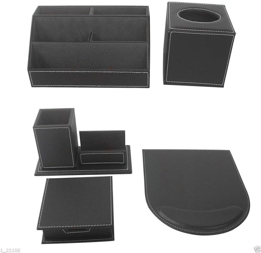 5-Piece Black PU Leather Desk Organizer Set with Mousepad & Pen Holder