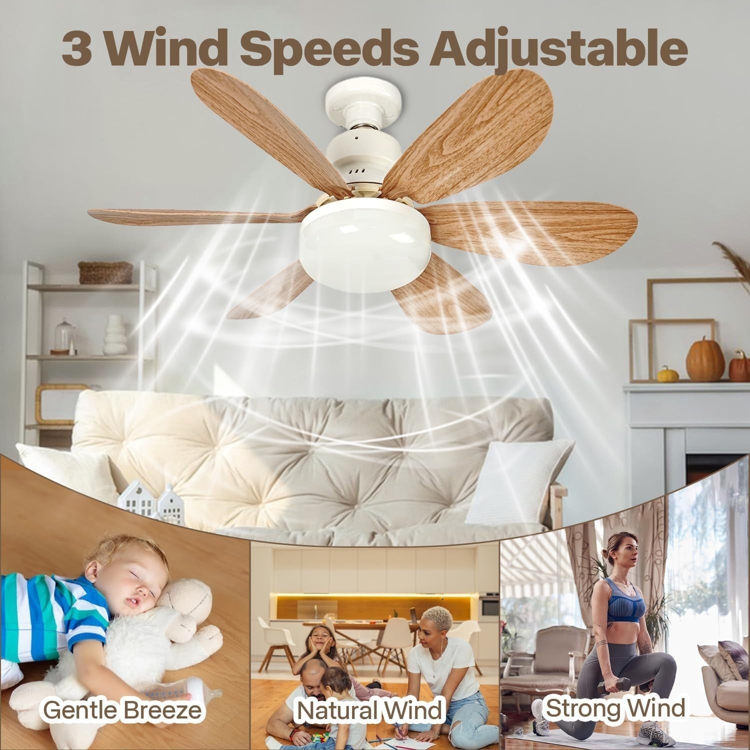 52cm LED Ceiling Fan Light, 3 Speed, Dimmable 3000K-6500K, E27, Remote