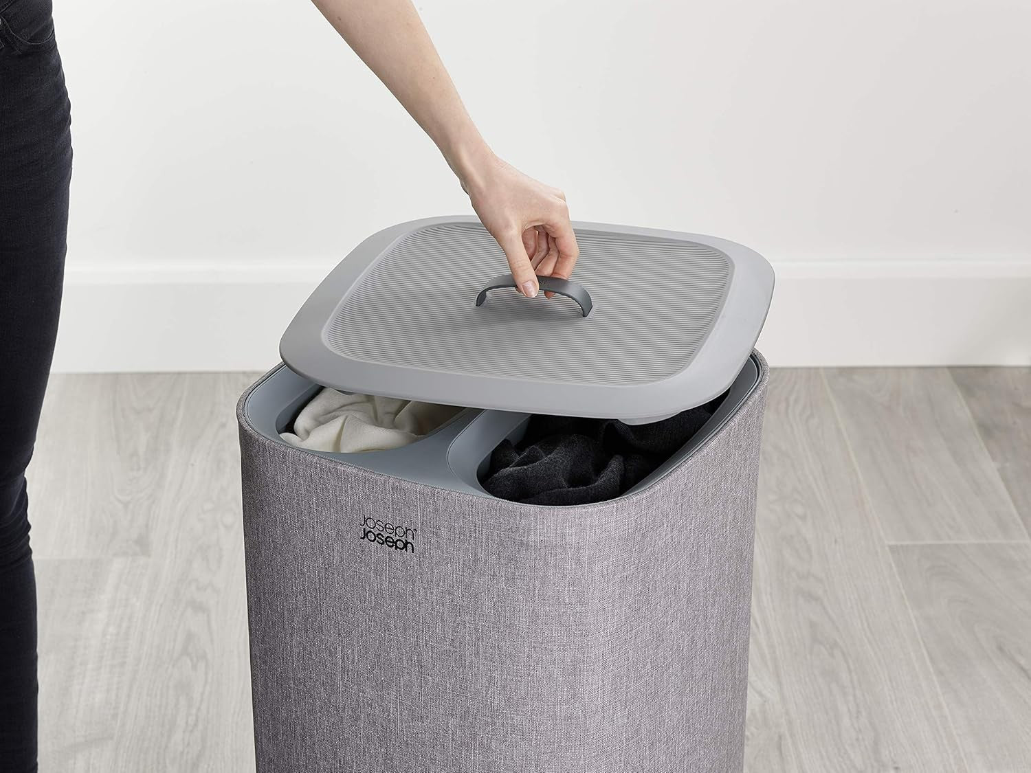 60L Dual Laundry Basket with Lid Removable Washing Bags Modern Grey Fabric