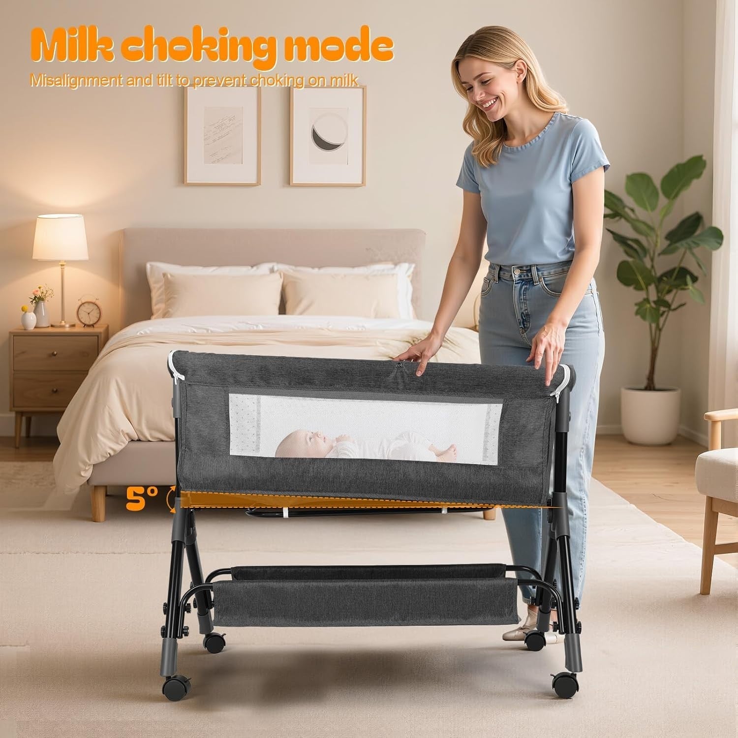 3in1 Baby Crib Bassinet Adjustable Travel Cot with Mattress & Storage Black