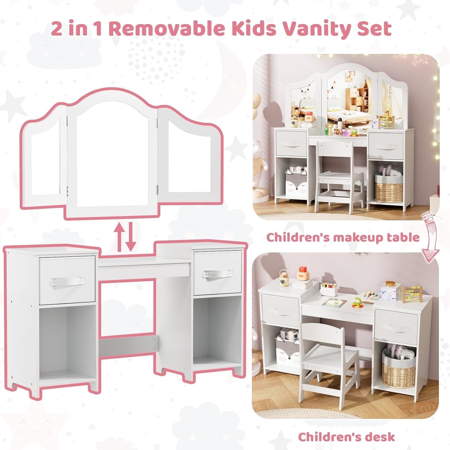 Kids Dressing Table Set with Chair, Tri-Fold Mirror & Storage Drawers White