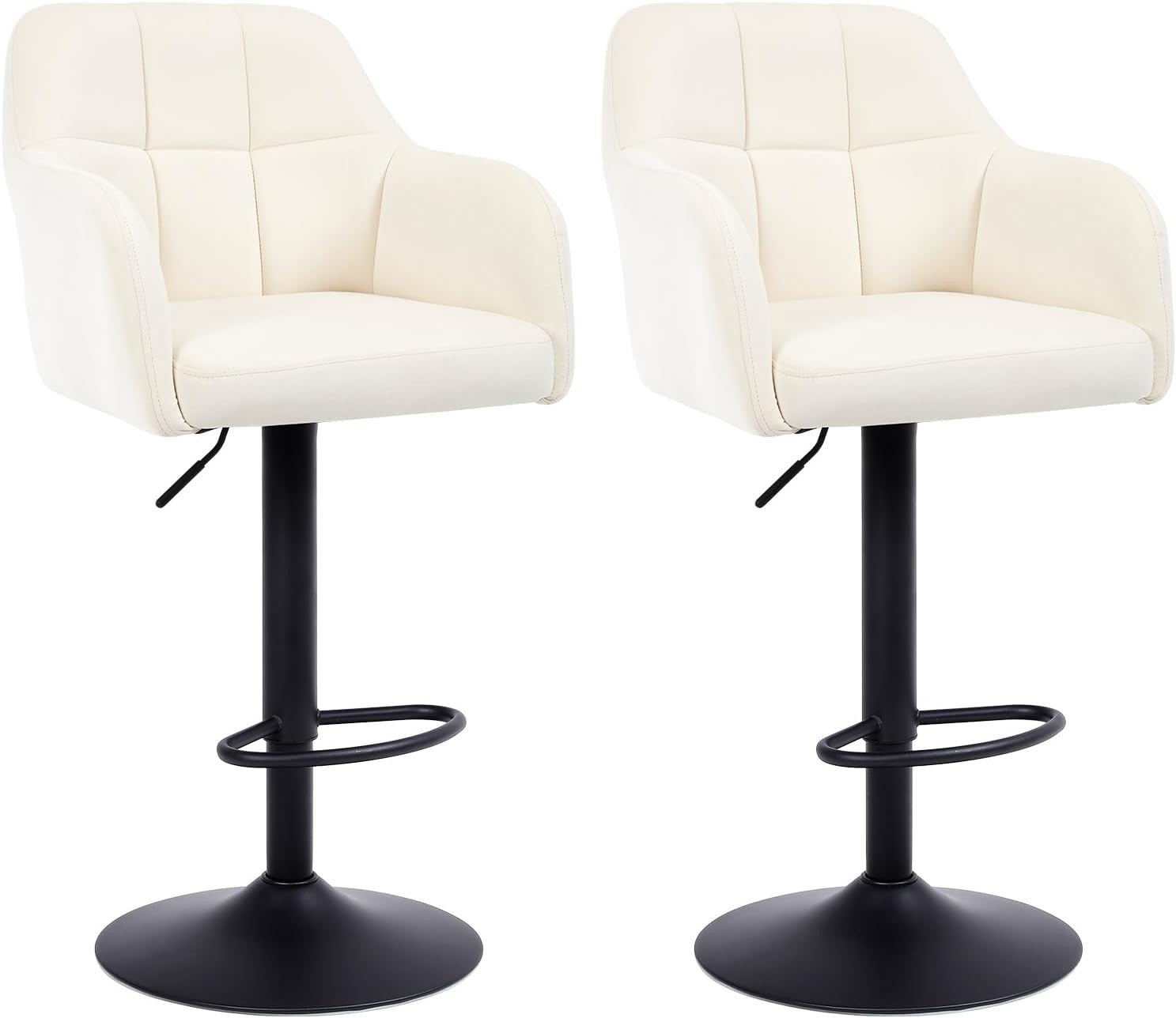 Set of 2 White PU Swivel Bar Stools Adjustable Height Modern Chairs