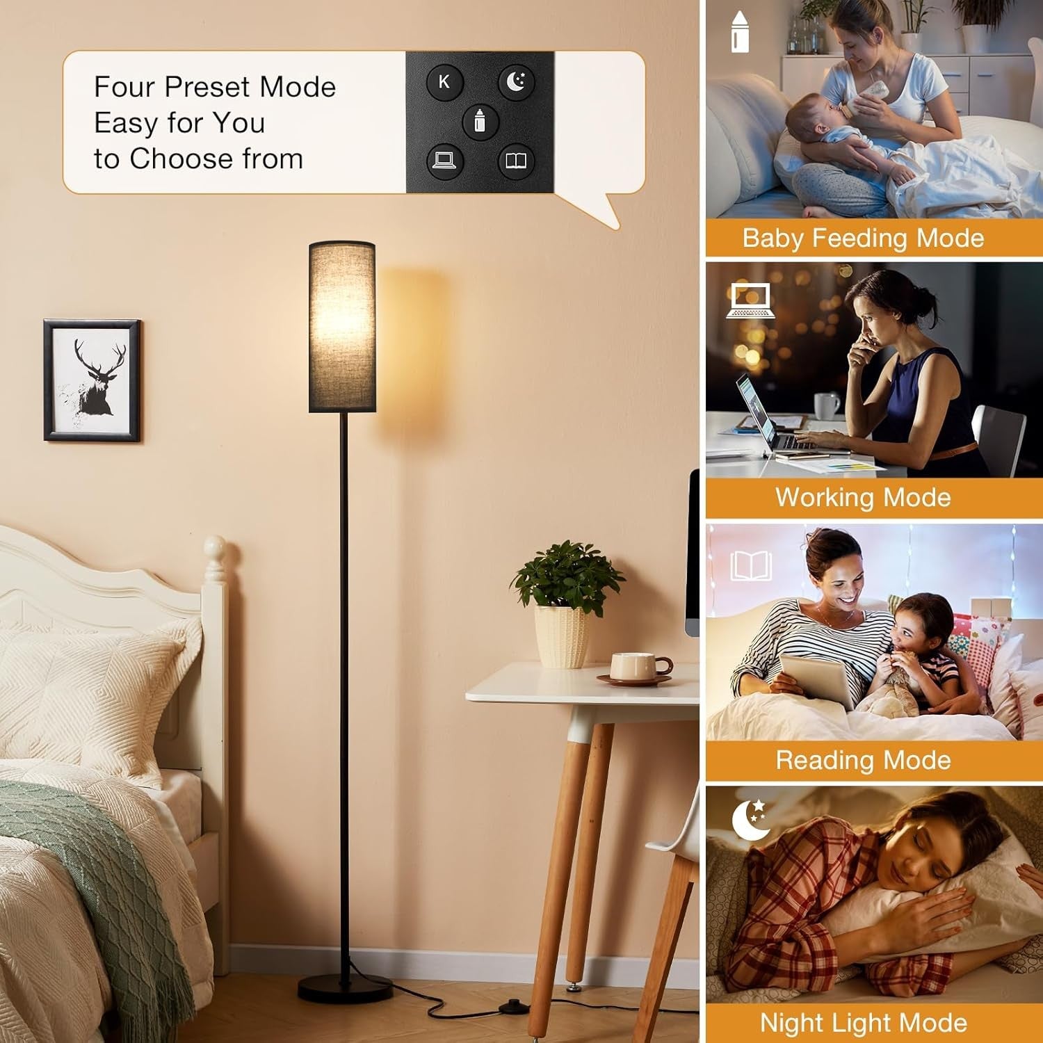Black Corner Floor Lamp Remote Control Dimmable Standing Light Living Room