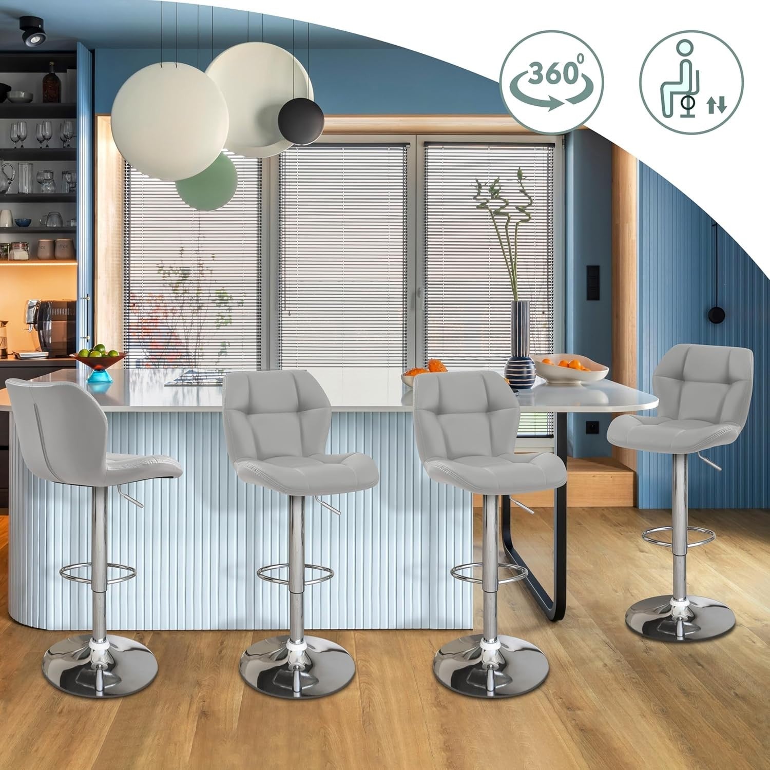 Adjustable Swivel Bar Stools Set of 2 Light Grey PU Counter Chairs
