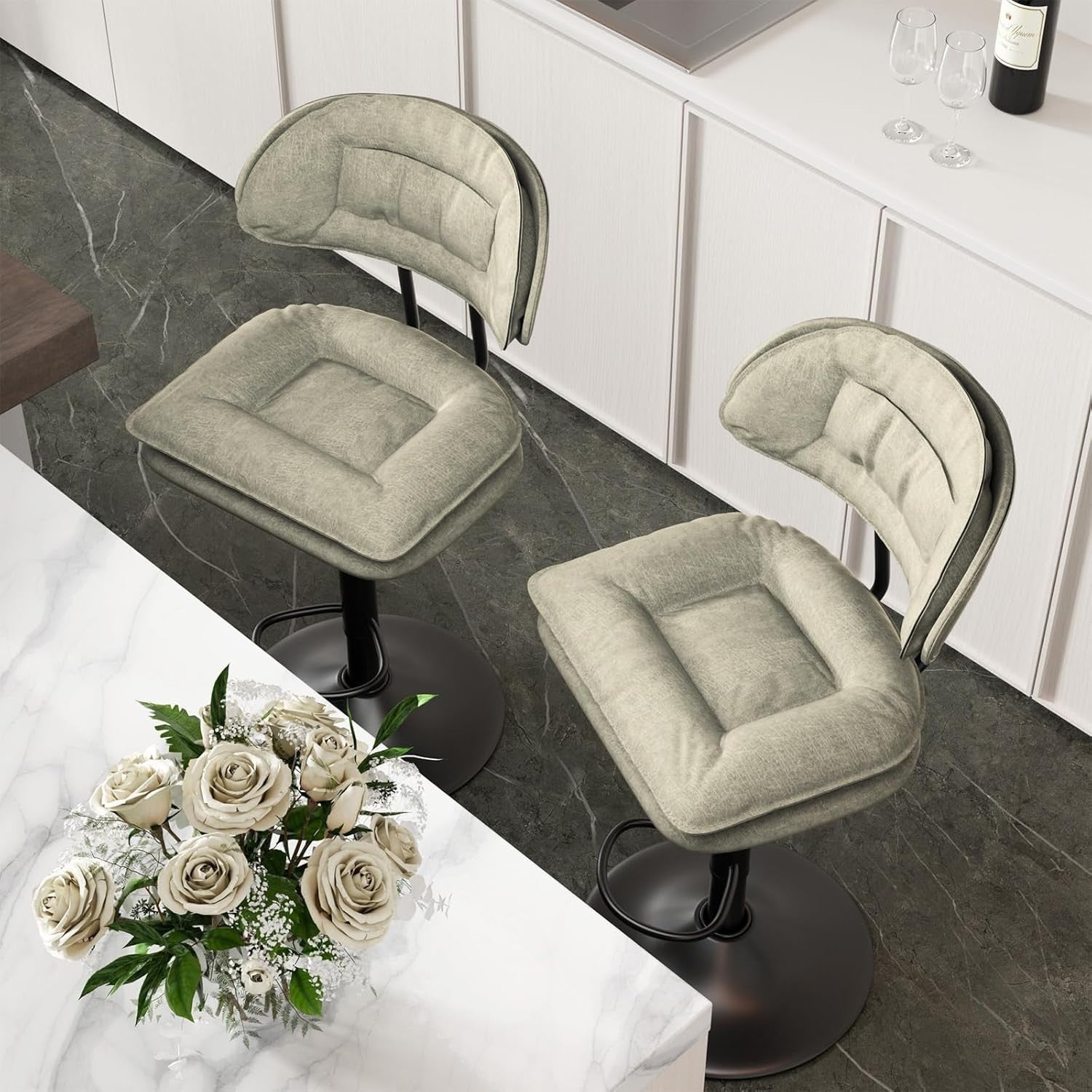 Beige Adjustable Swivel Bar Stools Set of 2 with Back Fabric Counter Height