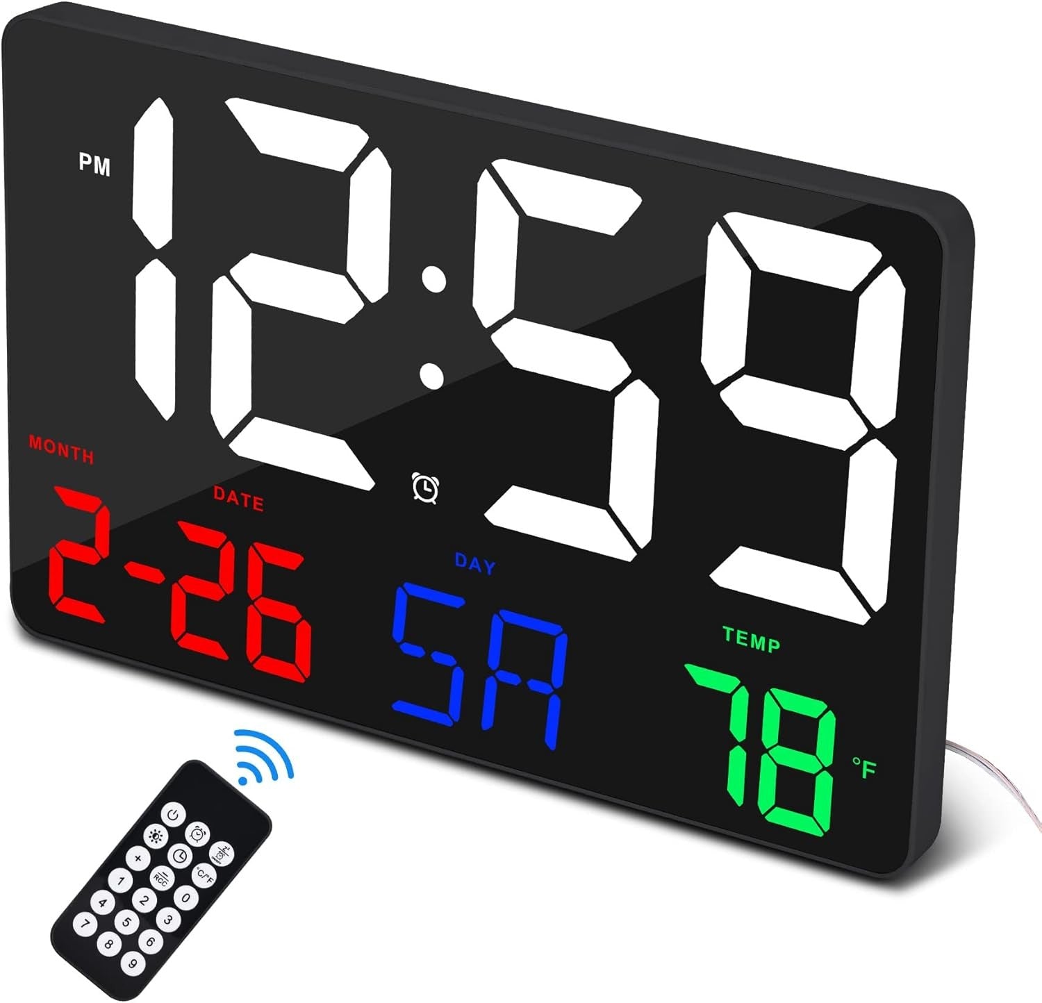 Large Digital Wall Clock Black 11.5″ LED Remote Alarm Date Temp Display
