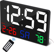 Large Digital Wall Clock Black 11.5″ LED Remote Alarm Date Temp Display
