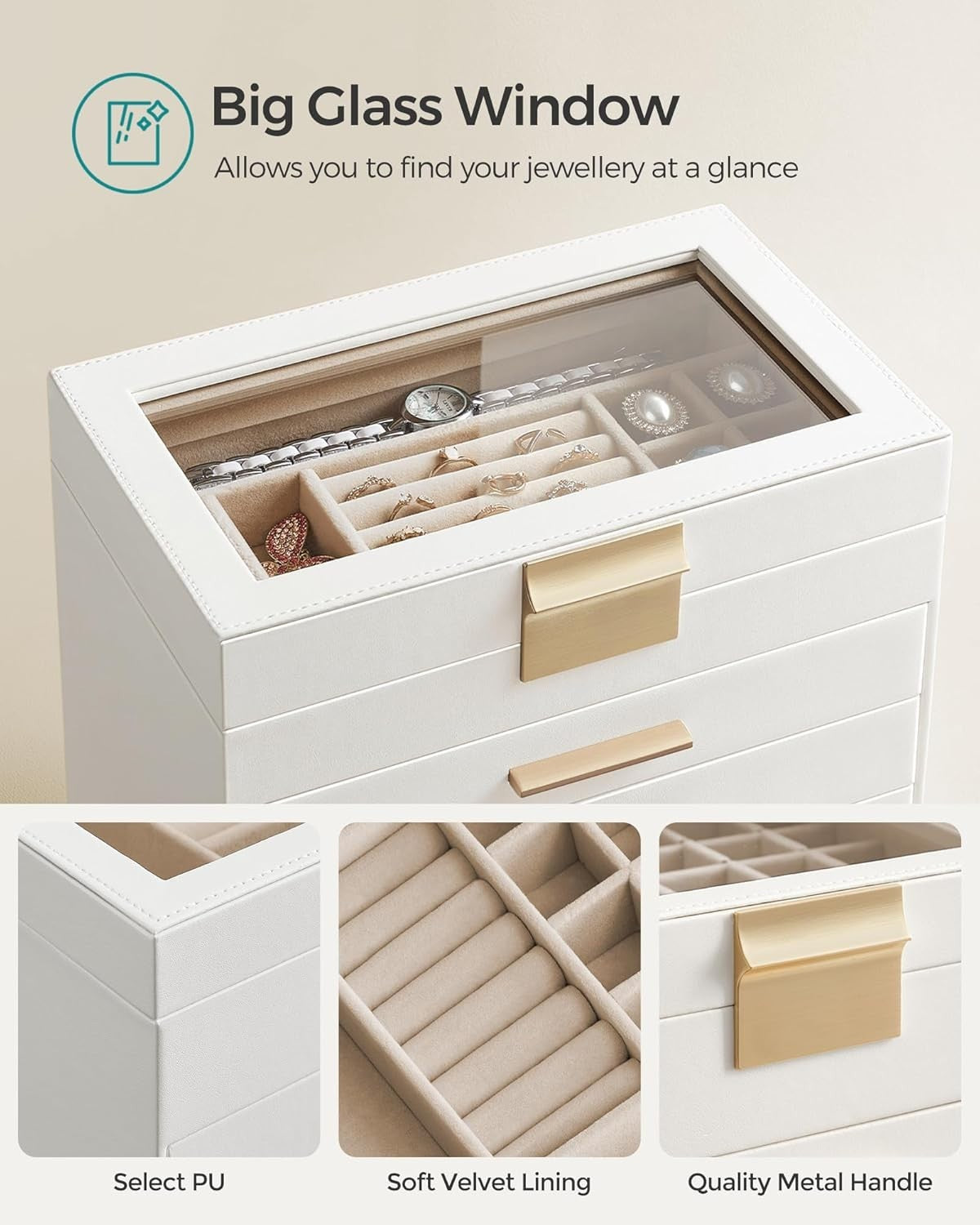 Cloud White Gold Glass Lid Jewellery Box 6 Layer Storage with 5 Drawers