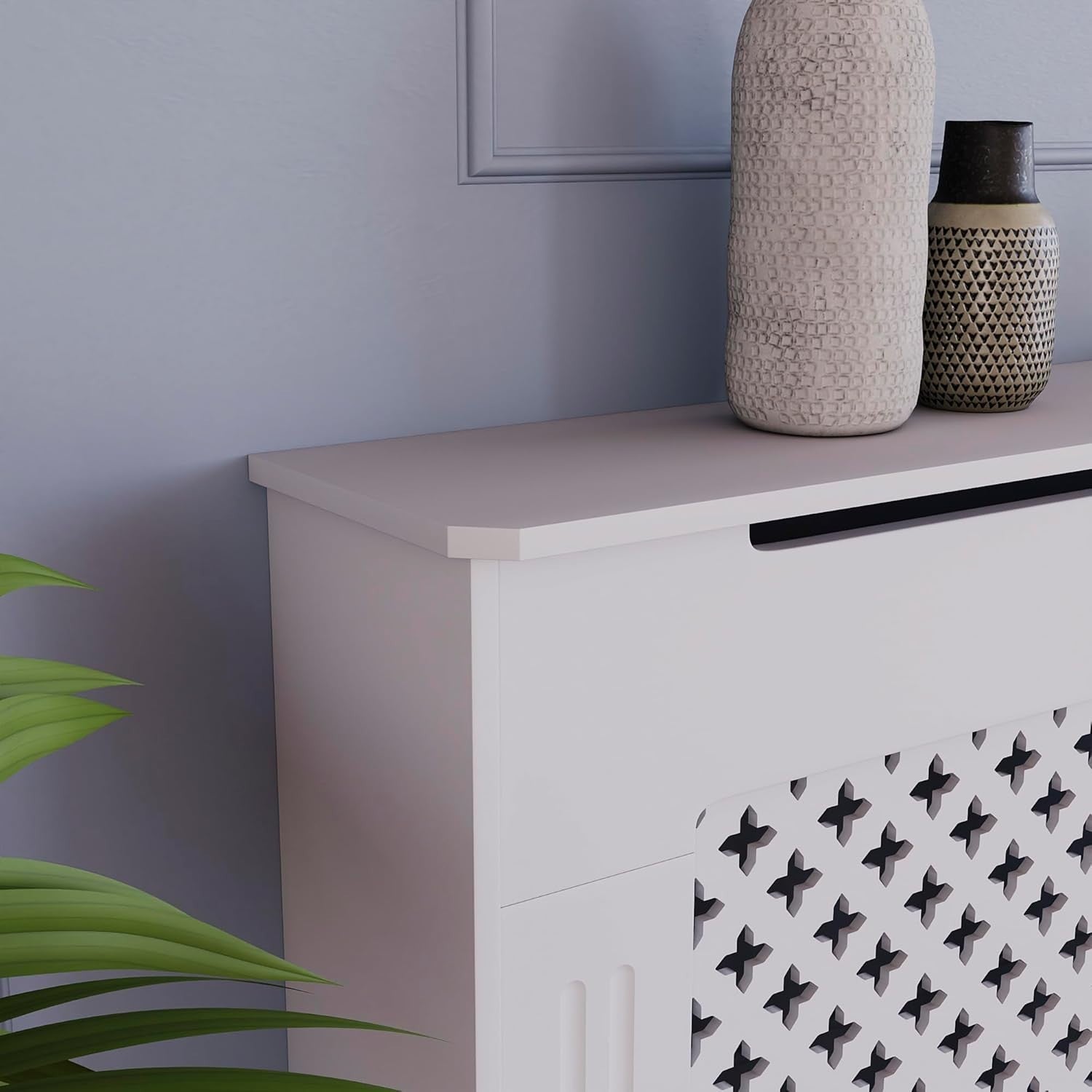 Medium White Radiator Cover 82x111x19cm Cross Pattern MDF Modern Heating Cabinet