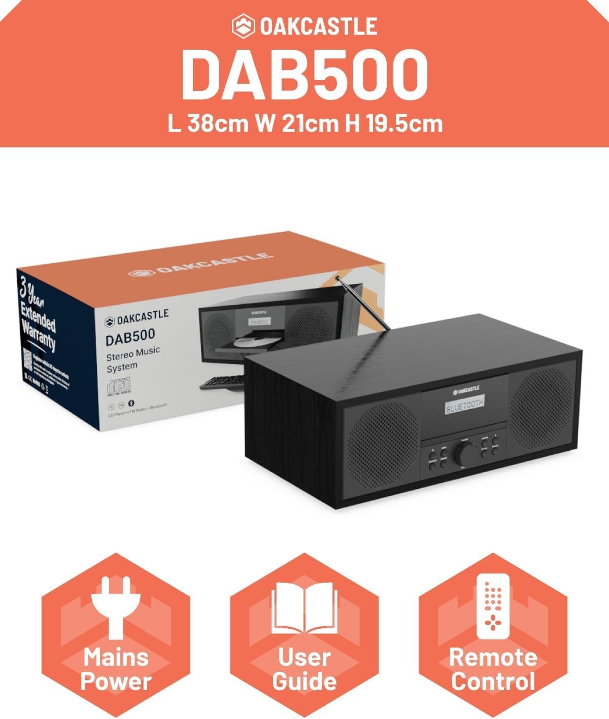 60W Stereo DAB+ Bluetooth CD Player Hi‑Fi System with Dual Alarm