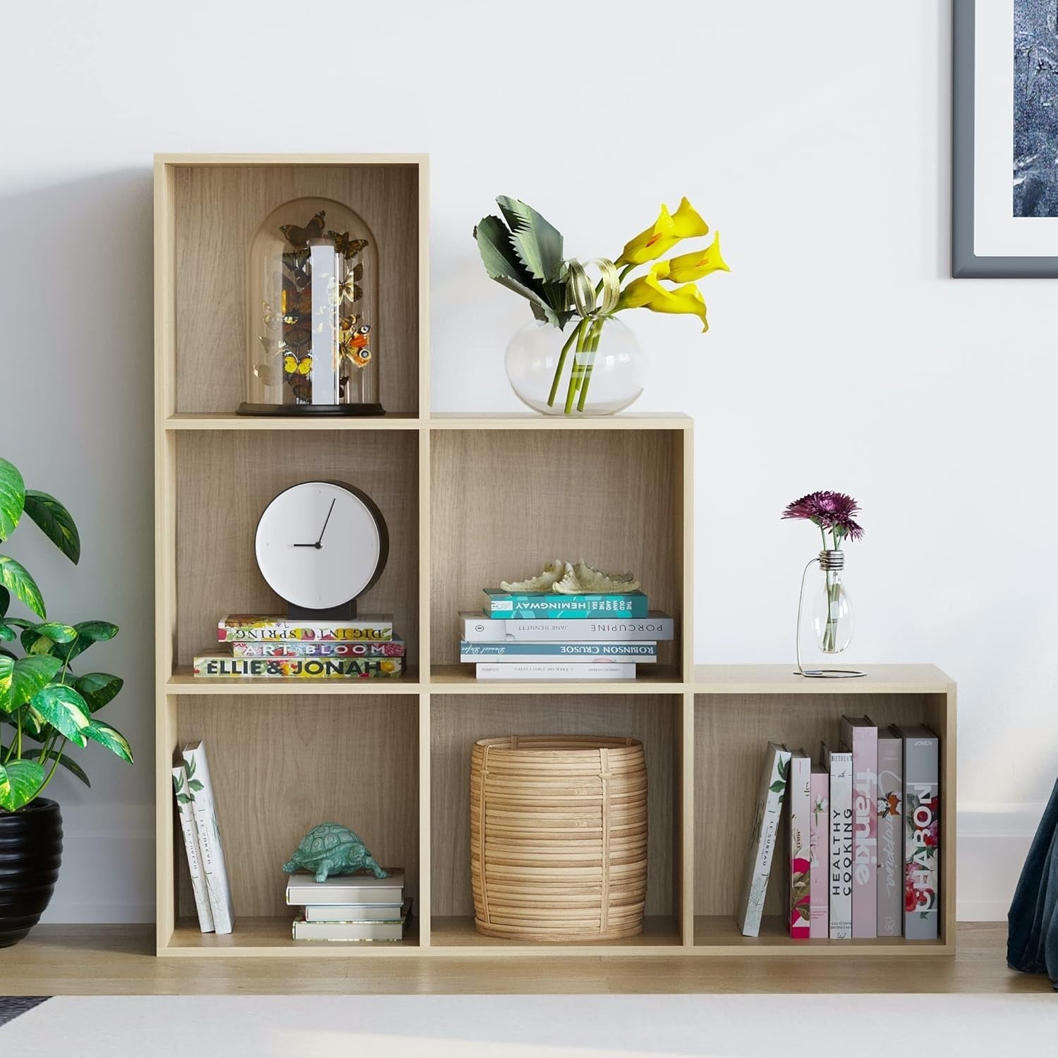 6 Cube Staircase Storage Shelf Oak Finish Durable Modern Organizer