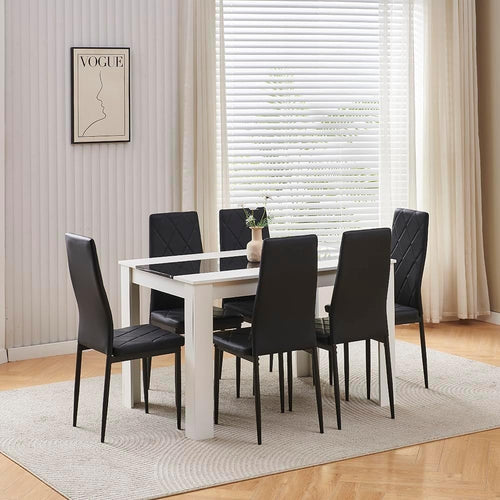 White Dining Table Set + 4 Black Leather Chairs | Modern 5pc Compact Set