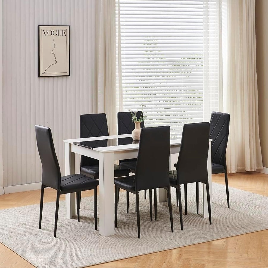 White Dining Table Set + 4 Black Leather Chairs | Modern 5pc Compact Set