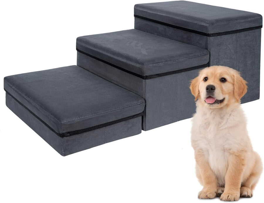 Dark Grey 3 Step Pet Stairs with Storage Extra Wide Foldable