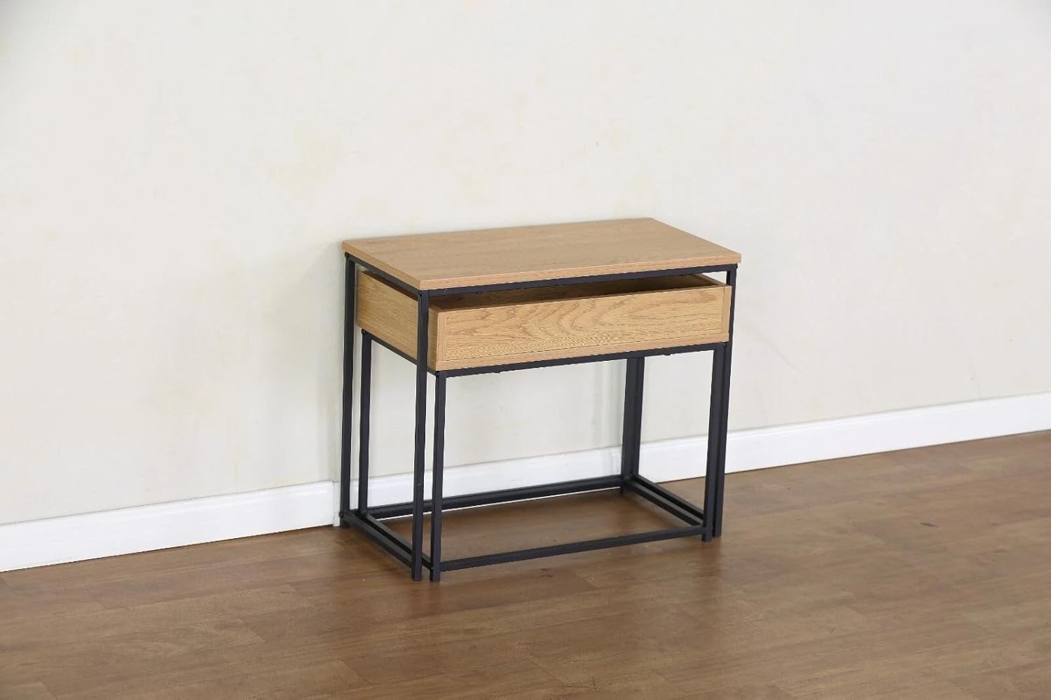 2 Nesting Side Tables Coffee Bedside Modern Steel Frame Melamine Top Black/Oak