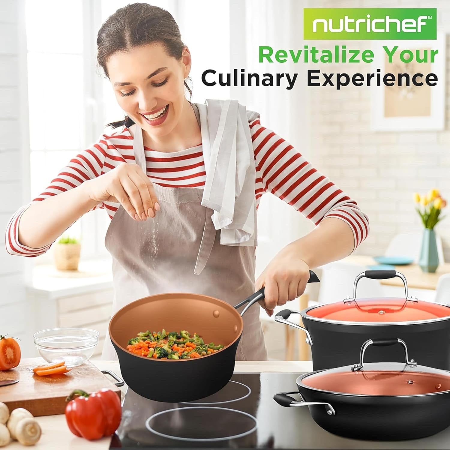 14pcs Copper Ceramic Stackable Non Stick Cookware Set Induction Safe Pots & Pans