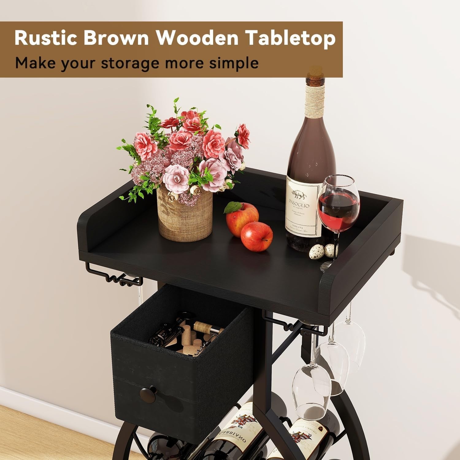 Freestanding Wine Rack 15 Bottle Storage with Glass Holder & Drawer Home Bar