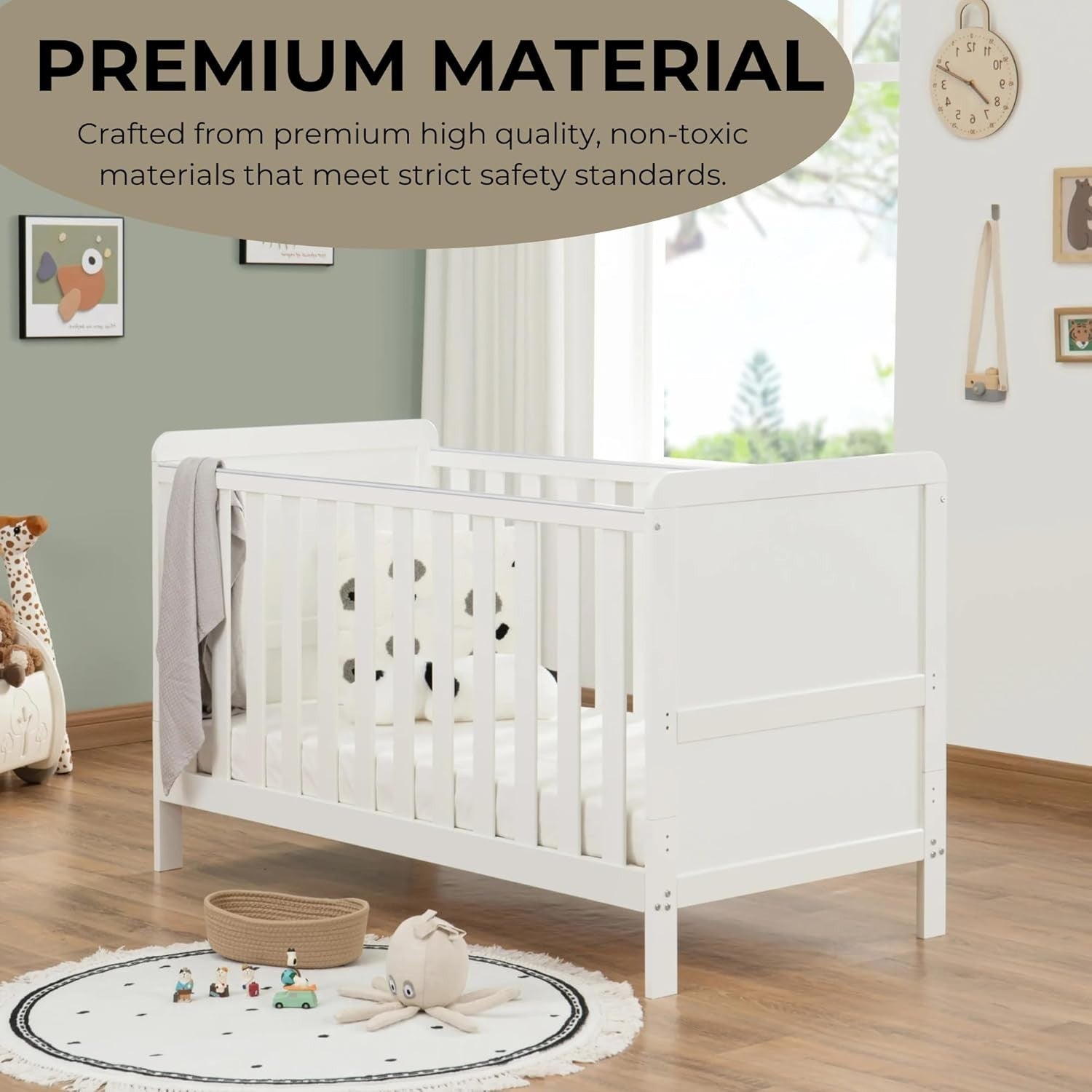 Convertible Baby Cot Bed Toddler Bed Adjustable Height w/ Teething Rails White