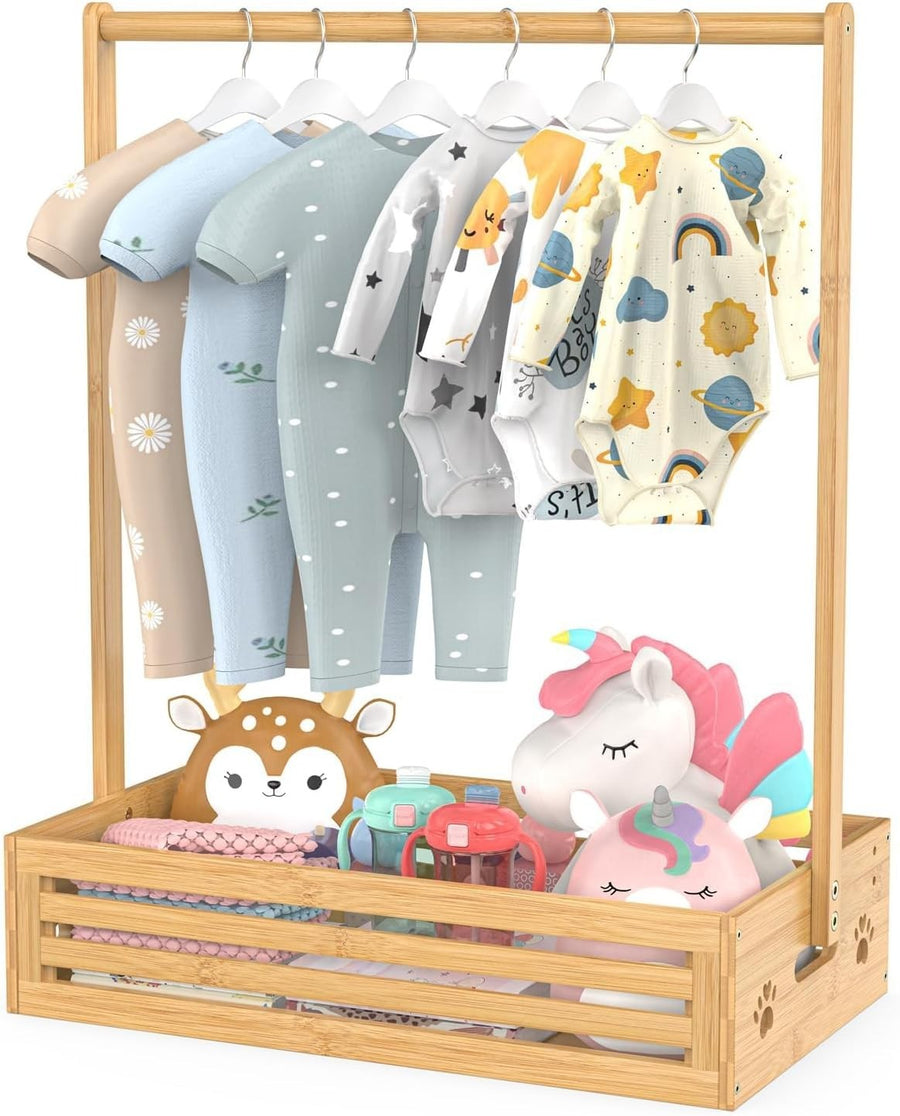 Bamboo Baby Clothes Rack with Adjustable Rod and Storage Box, Natural Finish