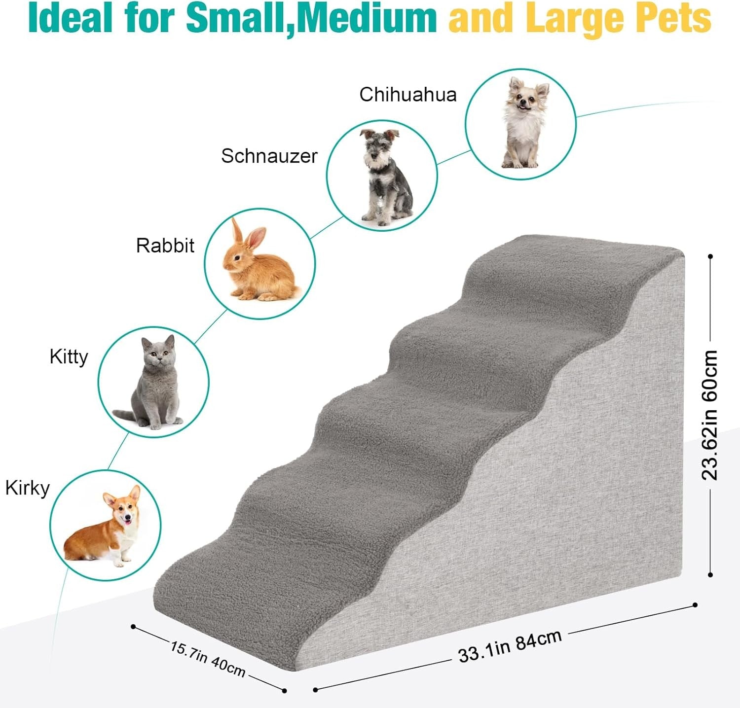5 Tier Dog Stairs for Bed Non Slip Foam Pet Ramp Grey