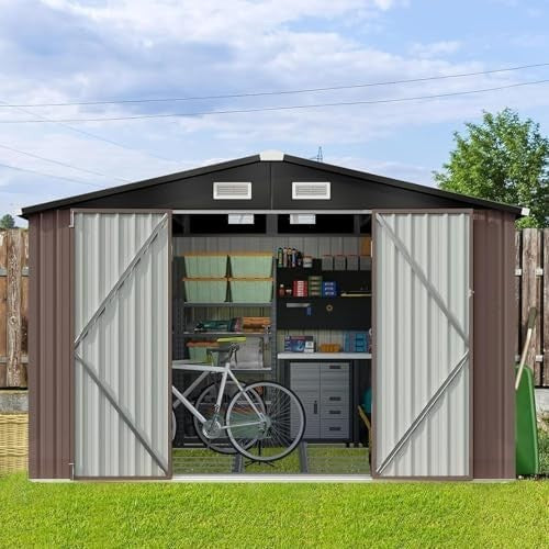 Metal Garden Shed 10x8ft Outdoor Storage Waterproof Tool Box Brown