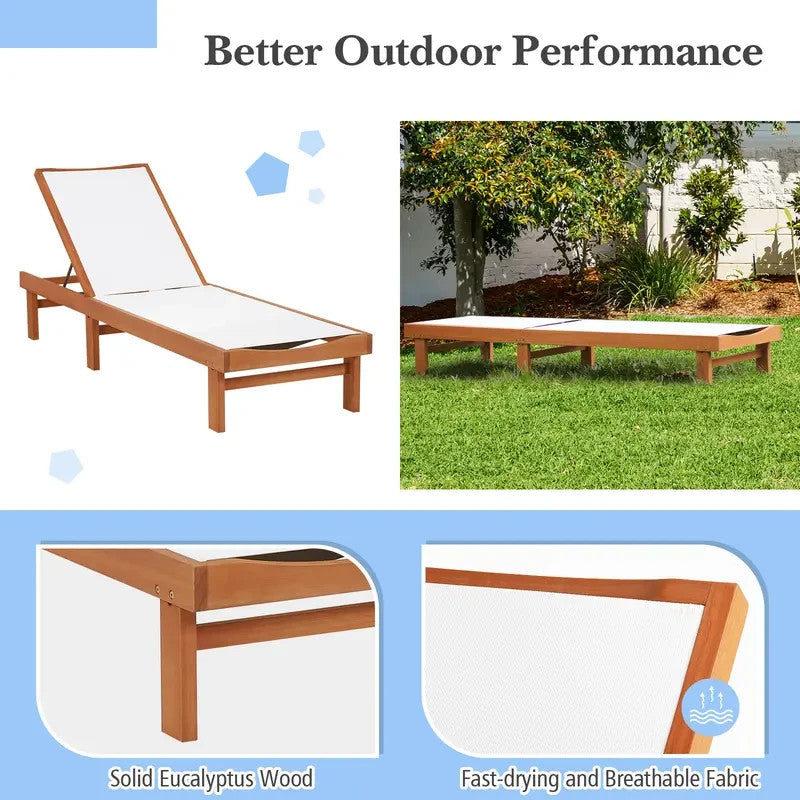 5-Position Reclining Outdoor Chaise Lounge, Adjustable Eucalyptus Sunbed