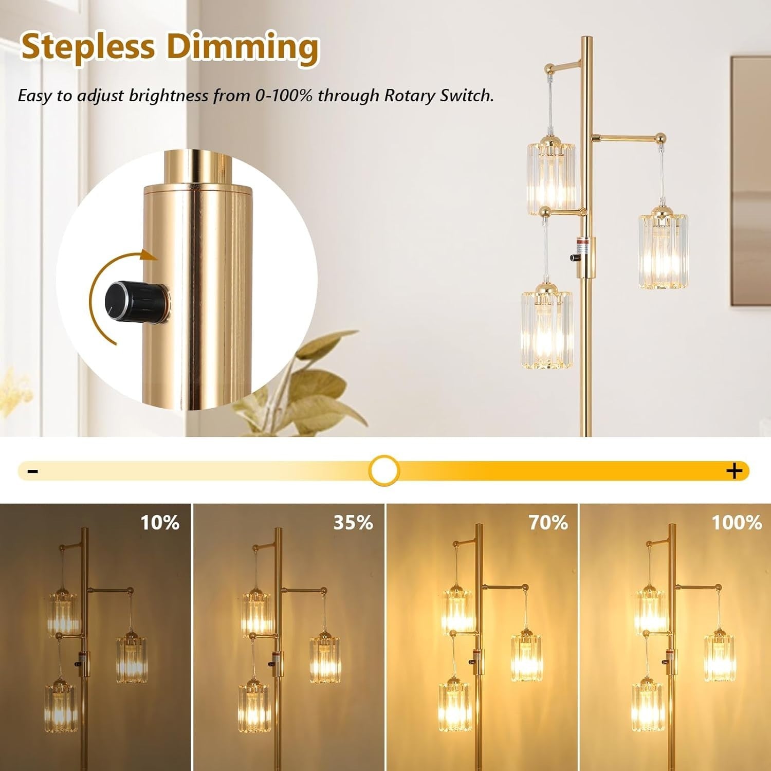 Dimmable 3-Light Gold Floor Lamp with Glass Shades for Living Room & Bedroom
