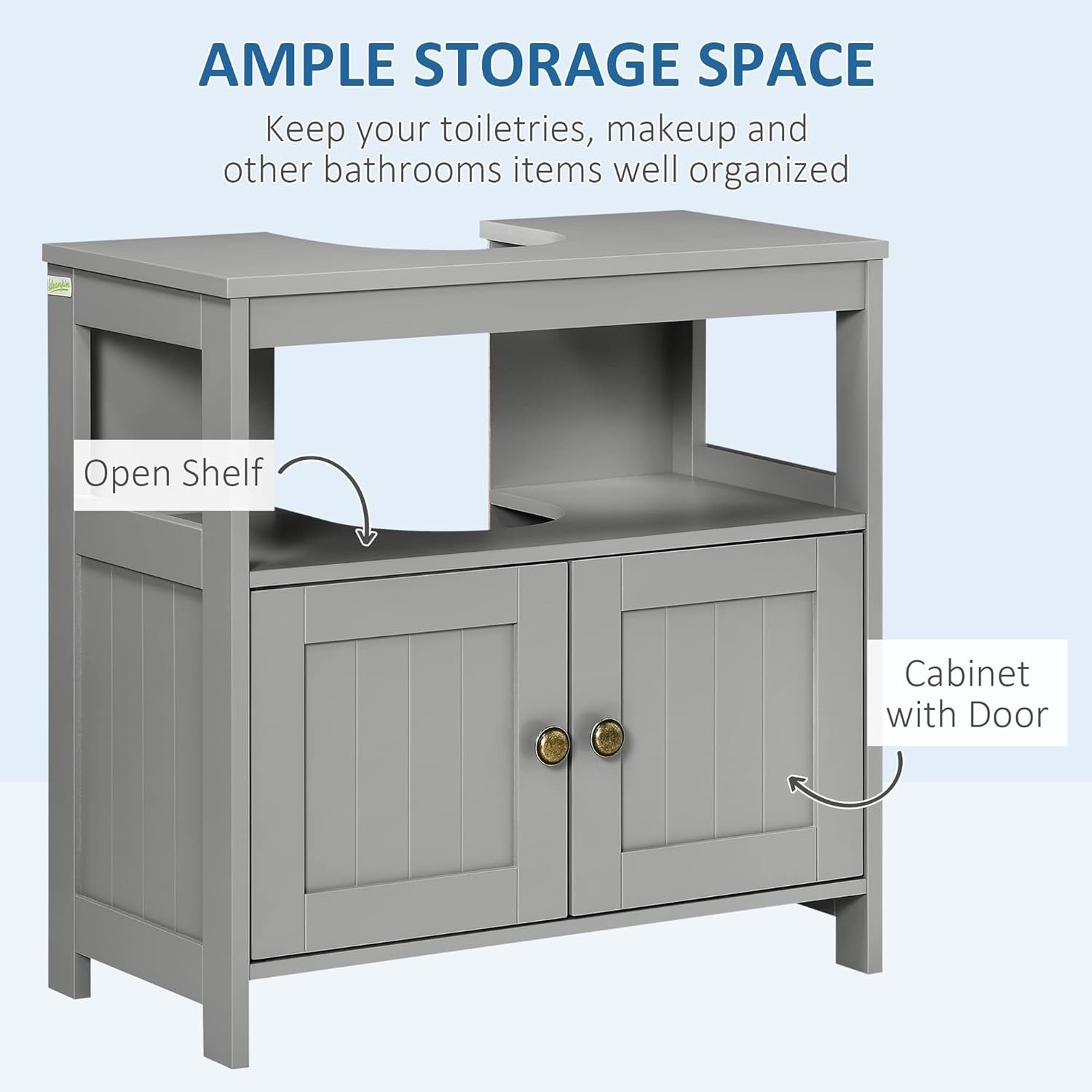 Grey Under Sink Bathroom Cabinet Vanity Storage Unit with Doors & Shelf 60x60cm
