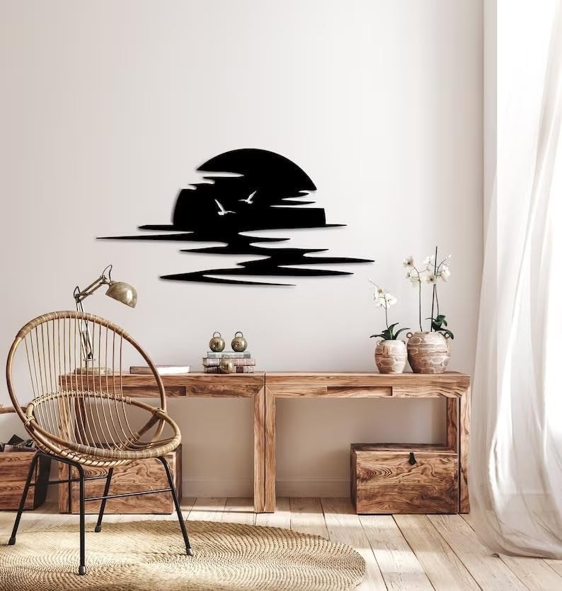 Large Metal Sun Wall Art 74x37cm Black Sunrise Decor
