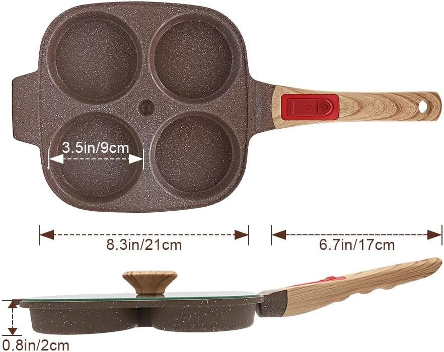 4-Cup Egg Pan Non-Stick Ceramic Pancake Skillet w/ Lid & Detachable Handle Brown