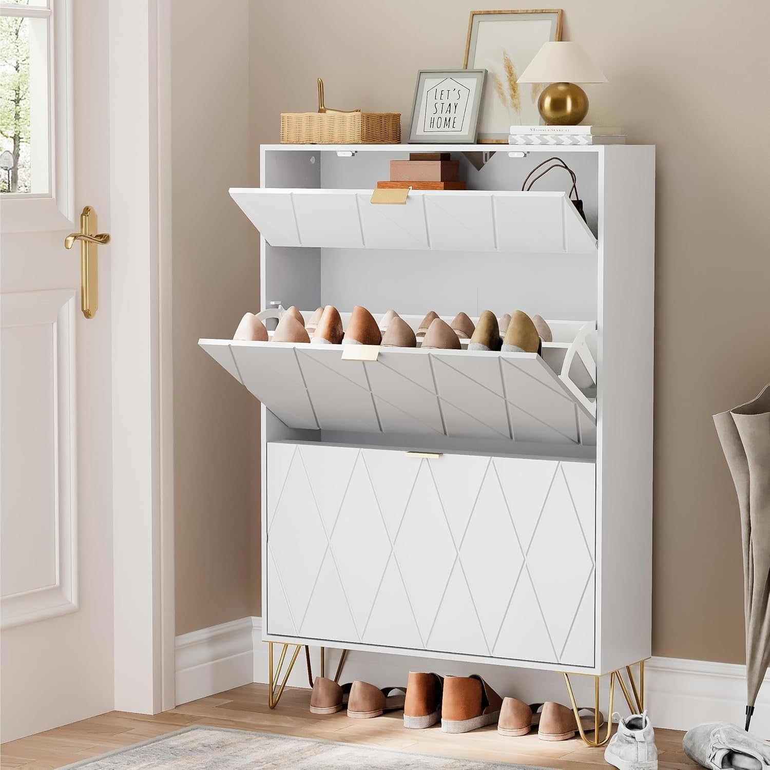 White Tilting Shoe Cabinet 3 Compartments Hidden Shelf Storage 80x24x120cm