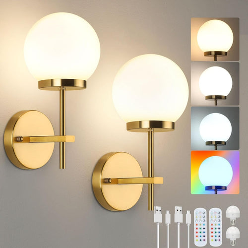 Modern Wireless Wall Sconces Set 2 Dimmable Glass RGB LED Lights Remote