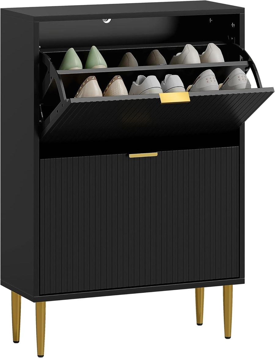 Slim Black Shoe Cabinet 2 Flip Drawers Fluted Doors Narrow Hallway Storage