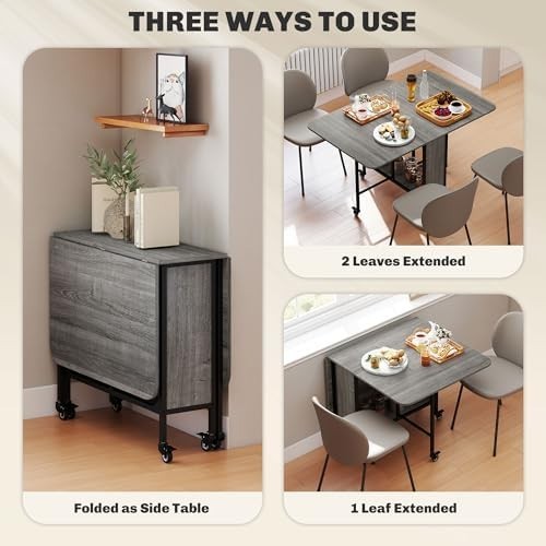 Folding Drop Leaf Dining Table with Wheels & Storage Shelf for Small Spaces