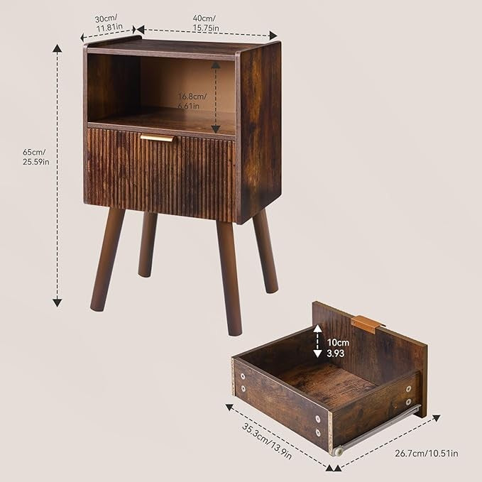 Rustic Brown Bedside Table with Drawer & Open Shelf – Modern 2-Tier Nightstand