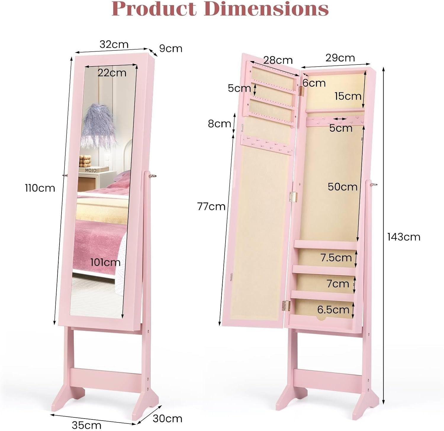 Pink Freestanding Jewelry Cabinet Full Length Mirror Adjustable Storage