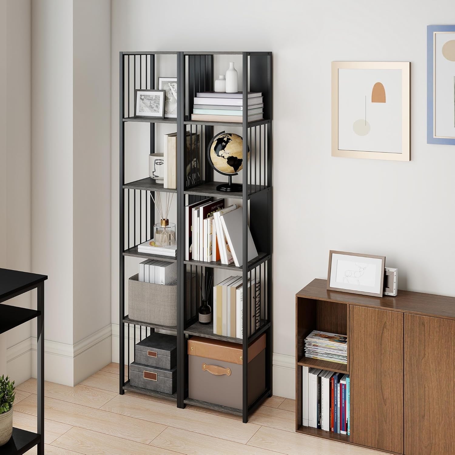 Tall 5-Tier Metal Frame Bookcase Modern Open Display Shelf Unit – Grey