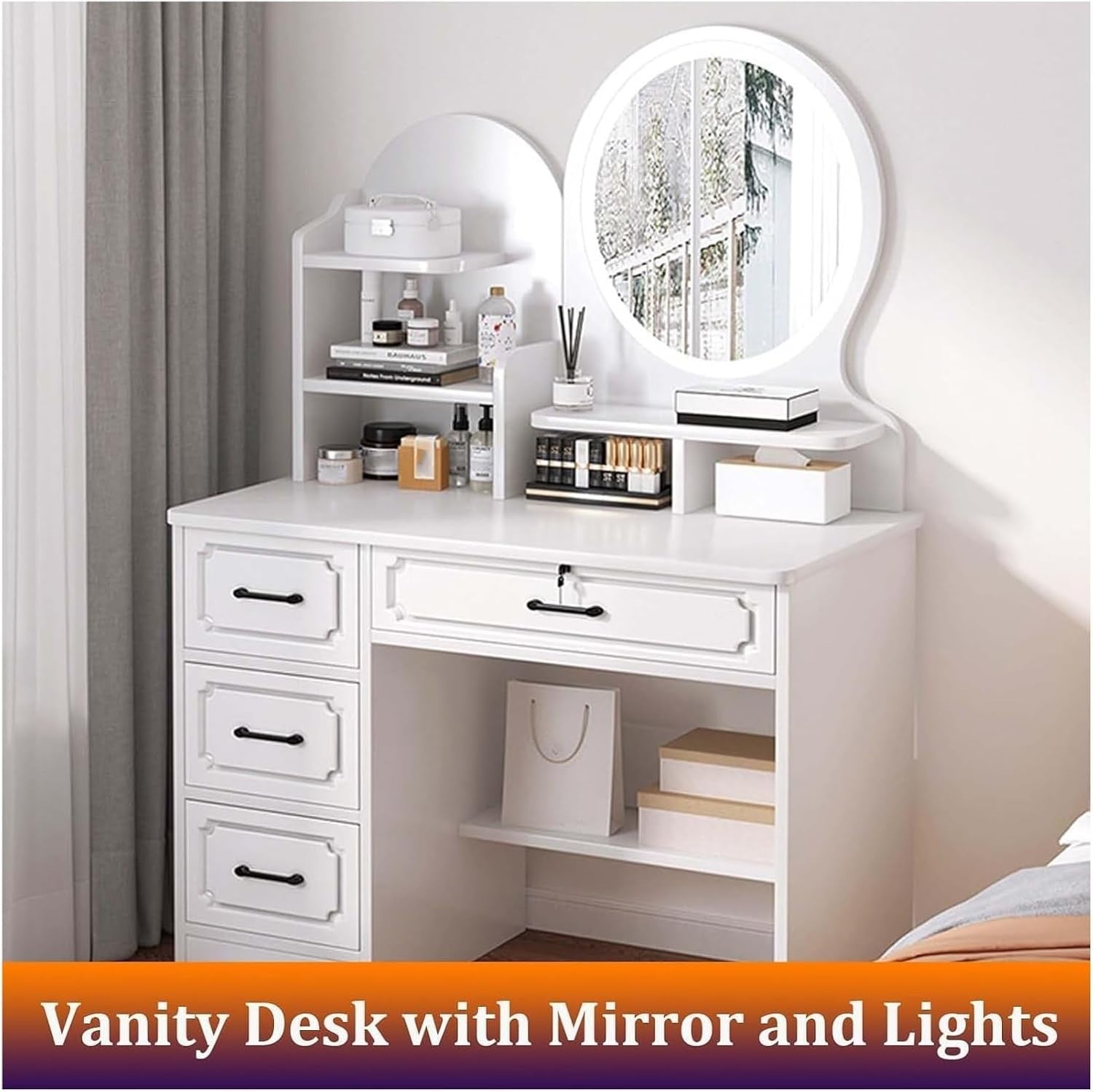 Modern Dressing Table Vanity Desk Set with LED Lights Mirror Stool Drawers Stora