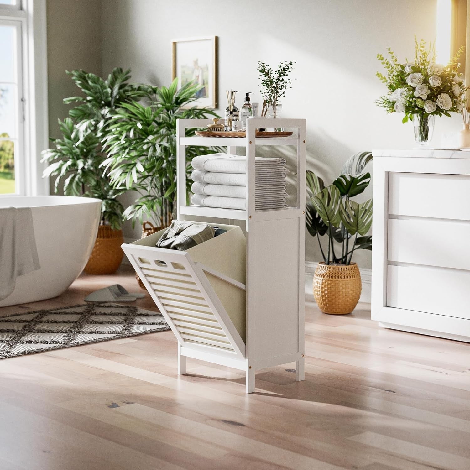 White Bamboo Tilt-Out Laundry Hamper with Shelves, Foldable Bag | 30×40×100cm