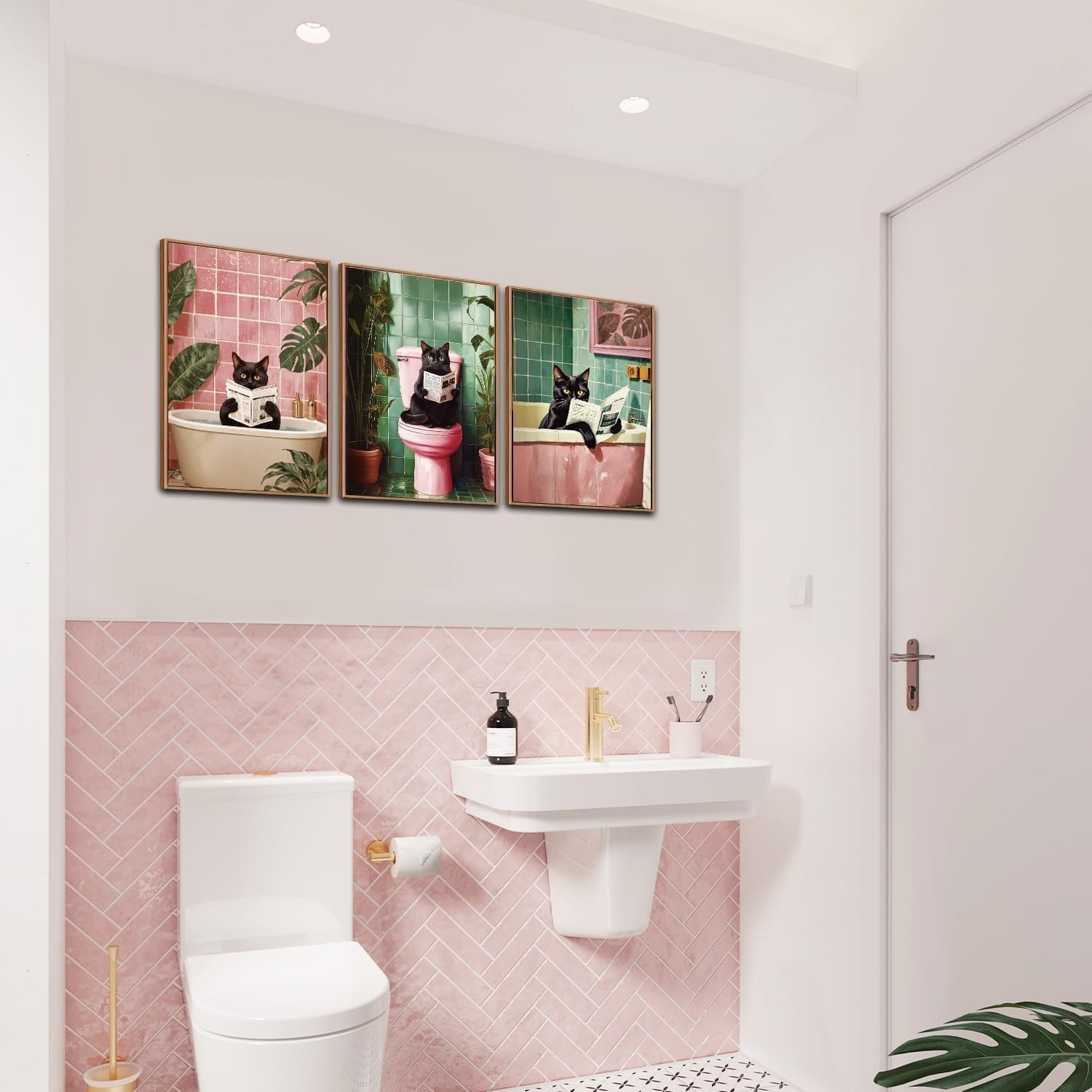 Funny Black Cat Bathroom Framed Canvas Wall Art Set 3 Pink Green Toilet Decor