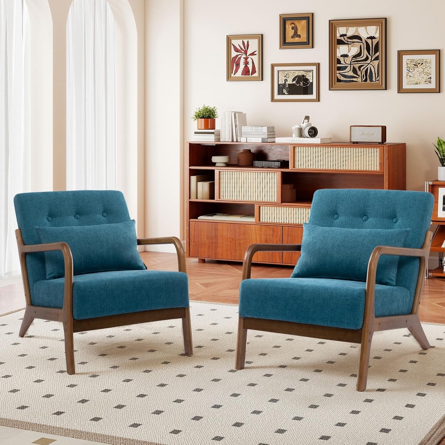Teal Accent Armchair Wooden Frame Lounge Reading Chair Linen Seat